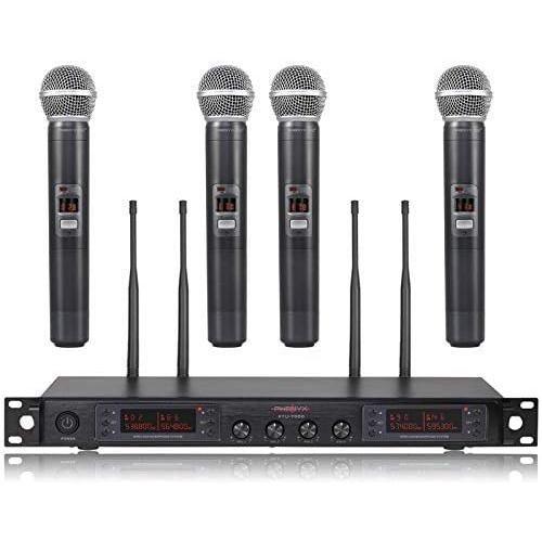 Wireless Microphone System, Phenyx Pro Quad Channel Cordless Mic Set with Metal Handheld Mics, 4x40 Channels, Auto Scan, Long Distance 328ft, Ideal for DJ, Church, Outdoor Events (PTU-7000A)