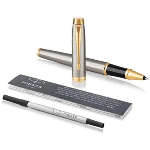 Parker IM Rollerball Pen, Brushed Metal and Gold with Fine Point Black Ink Refill (1975542)