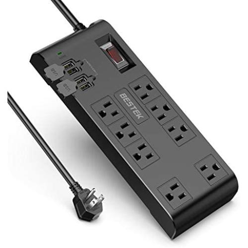 BESTEK 8-Outlet 10Ft Extension Cord Power Strip with USB 15A 1875W Surge Protector with 5V 4.2A 4 USB Charging Port Desktop Charging Station,600Joule,Ultra-Compact Wide Spaced Outlet for Large Charger