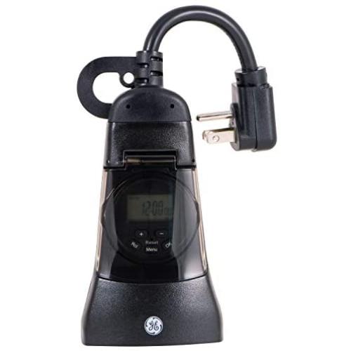 GE 7-Day Outdoor Heavy Duty Digital Timer, Plug-In, 2 Grounded Outlets, Weather Resistant, Set and Forget, Outdoor Appliances, Black, Ideal for Lights, LED, CFL, Incandescent Compatible, 15142