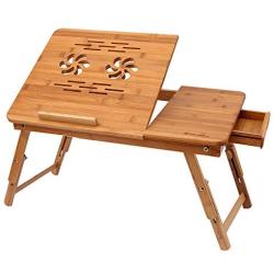 Bamboo Laptop Desk, Adjustable Portable Breakfast Serving Bed Tray with Tilting Top Drawer for Surfing Reading Writing Eating (Bamboo)