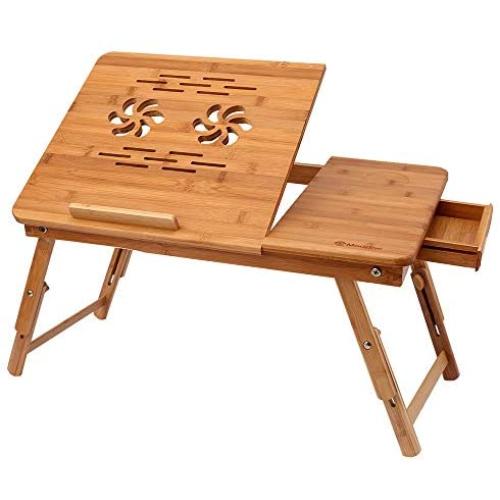 Bamboo Laptop Desk, Adjustable Portable Breakfast Serving Bed Tray with Tilting Top Drawer for Surfing Reading Writing Eating (Bamboo)