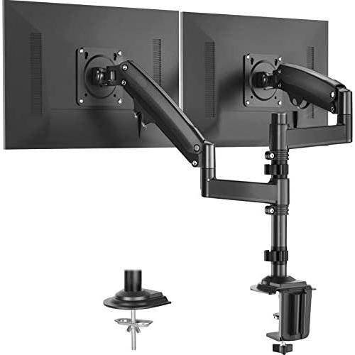Huanuo Dual Monitor Stand - Height Adjustable Gas Spring Arm Swivel Monitor Desk Mount Fit Two 22 to 32 inch Computer Screen with C Clamp, Grommet Mounting Base, Each Arm Hold 4.4 to 26.5 lbs