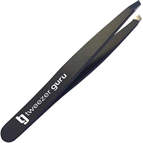 Tweezer Guru Precision Slant Eyebrow Tweezers for Women & Men - Professional Stainless Steel Tweezers for Eyebrows, Facial Hair & Ingrown Hair Removal (Black)