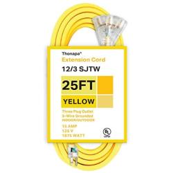 25 Foot Lighted Outdoor Extension Cord with 3 Electrical Power Outlets - 12/3 SJTW Heavy Duty Yellow Extension Cable with 3 Prong Grounded Plug for Safety