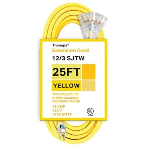 25 Foot Lighted Outdoor Extension Cord with 3 Electrical Power Outlets - 12/3 SJTW Heavy Duty Yellow Extension Cable with 3 Prong Grounded Plug for Safety