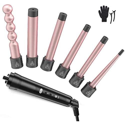 6 in 1 Curling Wand Set - Hair Curling Iron with 6 Interchangeable Ceramic Barrels with LCD Temperature Control and Anti-scalding Tip, 0.35-1.25 Inch Hair Curler for All Hair Types(Glove Include)