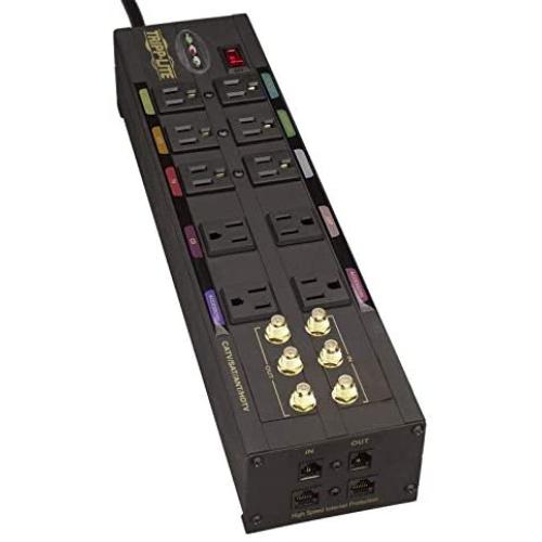 Tripp Lite Isobar 10 Outlet Audio/Video Surge Protector Tel/Modem/Coax/Network 8ft Cord Right Angle Plug, & $500,000 Insurance (HT10DBS) Black