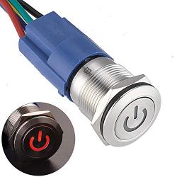 APIELE 19mm Latching Push Button Switch 3/4'' 12V Power Symbol Car Metal with Socket Plug 1NO1NC SPDT ON/Off (Red)