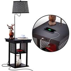 Brightech Madison - Narrow Nightstand with Built in Lamp, USB Port & Shelves for Bedrooms - Mid Century Modern End Table & Attached Floor Lamp for Living Rooms - Side Table & Reading Light - Black
