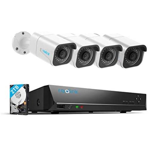 Reolink 4K PoE Security Camera System, 4pcs Wired 8MP Outdoor PoE IP Cameras, H.265 8MP 8-Channel NVR with 2TB HDD Video Surveillance System for 24/7 Recording
