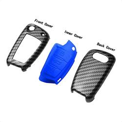 TANGSEN Flip Key Fob Case for AUDI A1 A3 A4 A5 A6 A8 Q3 Q5 Q7 R8 RS S3 S4 S5 S6 S8 TT QUATTRO 3 4 Button Keyless Entry Personalized Double Protective Cover ABS Plastic Carbon Fiber Blue Silicone