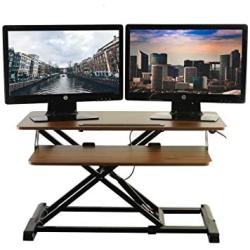 TechOrbits Standing Desk - Stand Up Desk Converter and Monitor Riser - Height Adjustable Sit Stand Tabletop Workstation Wood Brown