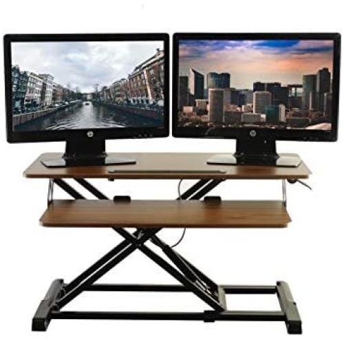 TechOrbits Standing Desk - Stand Up Desk Converter and Monitor Riser - Height Adjustable Sit Stand Tabletop Workstation Wood Brown