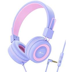 iClever Kids Headphones for Girls with Microphone - 85/94dB Volume Control, Wired Headphones for Kids, Adjustable Headband, Foldable - Childrens Headphones for iPad/Tablet/Airplane/School, Purple