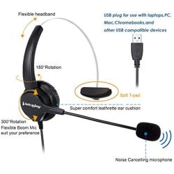 VoiceJoy USB Plug Corded Headphone Call Center Comfort Noise Cancelling Headset with Adjustable Mic, Mute Volume Control for Calls on Laptops PCs Computers
