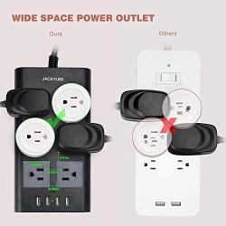 10Ft Flat Plug Power Strip, JACKYLED Surge Protector with 6 AC Outlets and 2.4A 4 USB Charging Ports, 1875W/15A Extension Cord Pack Fireproof Desktop Charger for Office Home Kitchen School, Black Gray