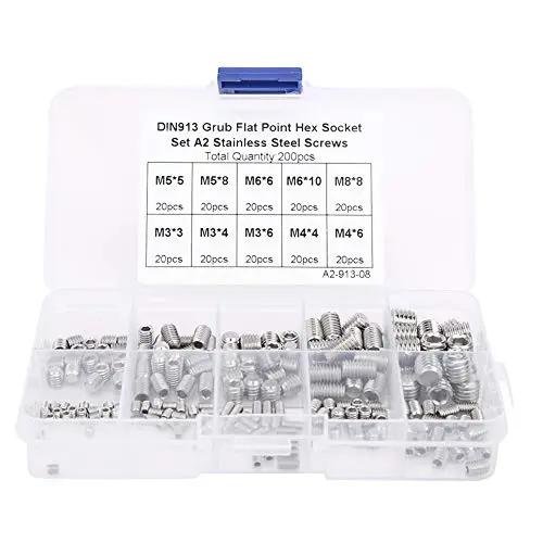 200pcs M3/M4/M5/M6/M8 Stainless Steel Flat Point Hex Socket Grub Screw, Socket Hex Grub Screw Set, with Storage Box, for Various Precision Instruments, Meters and Electronic Products