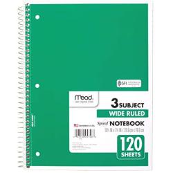 Mead Spiral Notebook, 3 Subject, Wide Ruled Paper, 120 Sheets, 10-1/2'' x 7-1/2'', Green (72221)