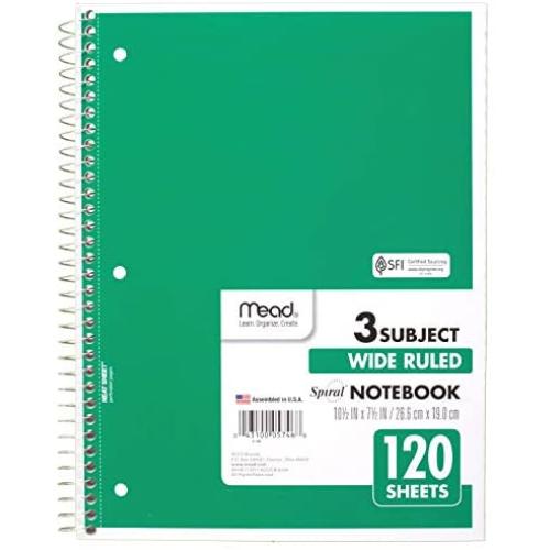 Mead Spiral Notebook, 3 Subject, Wide Ruled Paper, 120 Sheets, 10-1/2'' x 7-1/2'', Green (72221)