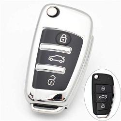 Royalfox(TM) Luxury Chrome Soft TPU Remote Key Fob case Cover for Audi Folding flip Key, Audi A1 A3 A4 A5 A6 Q3 Q5 Q7 TT S3 R8 (Silver with Black)