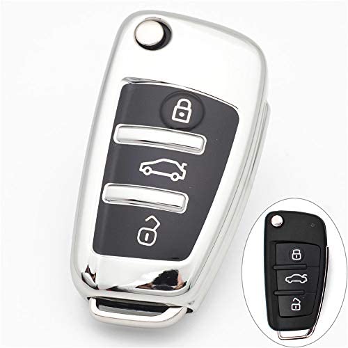 Royalfox(TM) Luxury Chrome Soft TPU Remote Key Fob case Cover for Audi Folding flip Key, Audi A1 A3 A4 A5 A6 Q3 Q5 Q7 TT S3 R8 (Silver with Black)