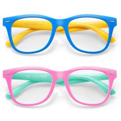 Zasun Kids Blue Light Blocking Glasses 2 Pack, UV Protection & Anti Eyestrain Computer Video Gaming Glasses for Kids Boys Girls Age 3-12 (Pink Green +Blue Yellow)
