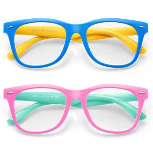 Zasun Kids Blue Light Blocking Glasses 2 Pack, UV Protection & Anti Eyestrain Computer Video Gaming Glasses for Kids Boys Girls Age 3-12 (Pink Green +Blue Yellow)