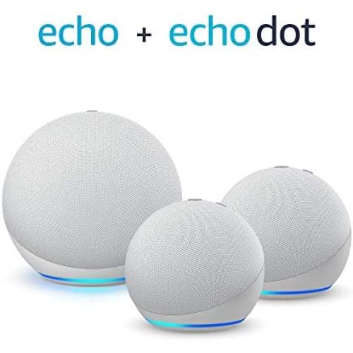 Multi Room Music Starter Kit | Echo (4th Gen) + 2 Echo Dot (4th Gen), Glacier White