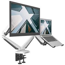 SHOPPINGALL Fully Adjustable Dual Gas Spring 2 in 1 Monitor & Laptop OR Dual Monitors Mount Stand with 2 Arms for 15''-32'' Monitors, Both Desk Clamp and Grommet Options Included - SA-GM224U+D15 (White)