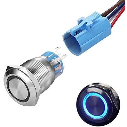 Quentacy Momentary Push Button Switch 1NO1NC Waterproof Silver Stainless Steel Shell 12V LED Ring Switch with Wire Socket Plug Suitable for 19mm 3/4 Mounting Hole (Blue)