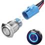 Quentacy Momentary Push Button Switch 1NO1NC Waterproof Silver Stainless Steel Shell 12V LED Ring Switch with Wire Socket Plug Suitable for 19mm 3/4 Mounting Hole (Blue)