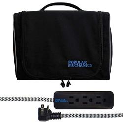 Popular Mechanics Travel Bag - Tech Accessories Organizer & Power Strip Travel Bundle - Water Resistant with Multiple Easy Access Compartments - Includes 3 Outlet Durable Braided Extension Cable