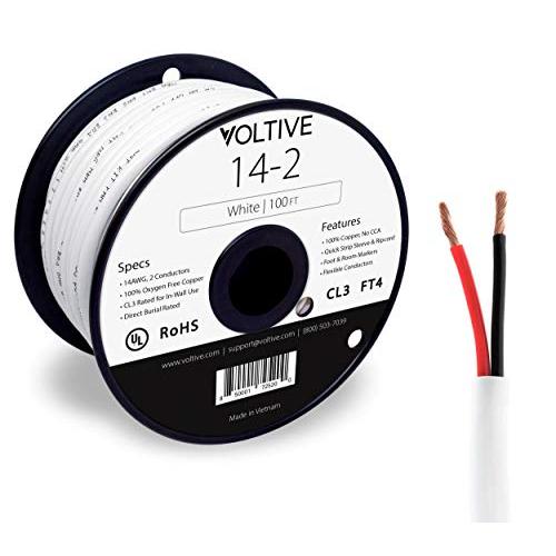 Voltive 14/2 Speaker Wire - 14 AWG/Gauge 2 Conductor - UL Listed in Wall (CL2/CL3) and Outdoor/In Ground (Direct Burial) Rated - Oxygen-Free Copper (OFC) - 100 Foot Spool - White