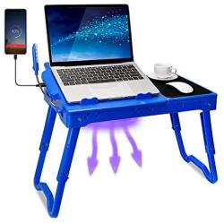 TeqHome Laptop Table for Bed, Adjustable Laptop Bed Desk with Fan, 4 USB Ports, Portable Lap Desk with Foldable Legs, Laptop Stand for Couch Sofa Bed Tray with LED Light, Storage, Mouse Pad - Blue