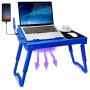 TeqHome Laptop Table for Bed, Adjustable Laptop Bed Desk with Fan, 4 USB Ports, Portable Lap Desk with Foldable Legs, Laptop Stand for Couch Sofa Bed Tray with LED Light, Storage, Mouse Pad - Blue