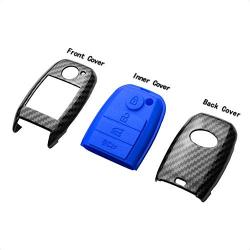 TANGSEN Key Fob Case for KIA OPTIMA RIO SORENTO 4 Button Keyless Entry Remote Carbon Fiber Pattern ABS Blue Silicone Cover