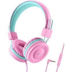 iClever Kids Headphones for School with Microphone - 94dB Volume Control, Wired Headphones for Kids Girls Boys, Adjustable Foldable On-Ear Headphones for Online Learning/iPad/Tablet/Travel, Pink
