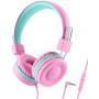 iClever Kids Headphones for School with Microphone - 94dB Volume Control, Wired Headphones for Kids Girls Boys, Adjustable Foldable On-Ear Headphones for Online Learning/iPad/Tablet/Travel, Pink