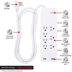 GE, White, Strip Surge Protector Charger, 7 Outlets, 2 USB Ports, Fast Charge, Flat Plug, Long Power Cord, 6 Feet, Wall Mount, Warranty, 36363, 6 Ft
