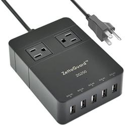 Zettaguard Mini 2-Outlet Travel Power Strip Surge Protector with USB Charger USB Charging Station (5-Port Smart, 40W/8A) and 5 Feet Power Cord, Black