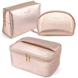 MAANGE 3 Pcs Makeup Bag Portable Travel Cosmetic Bag Large Makeup Bag Organizer with Gold Zipper Waterproof Toiletry Bags for Women and Girls(Rose Gold)