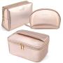 MAANGE 3 Pcs Makeup Bag Portable Travel Cosmetic Bag Large Makeup Bag Organizer with Gold Zipper Waterproof Toiletry Bags for Women and Girls(Rose Gold)
