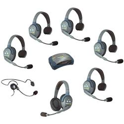 Eartec HUB751CYB UltraLITE Wireless System 2 Way Radio License-Free for 7 Users - 1 HUB Transceiver Base, 1 Cyber Over-Ear Headset, 5-Pack of ULSR Single-Ear and 1 ULDR Dual-Ear Headsets