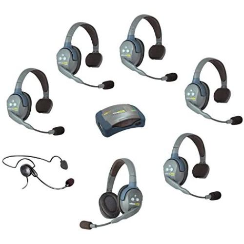 Eartec HUB751CYB UltraLITE Wireless System 2 Way Radio License-Free for 7 Users - 1 HUB Transceiver Base, 1 Cyber Over-Ear Headset, 5-Pack of ULSR Single-Ear and 1 ULDR Dual-Ear Headsets