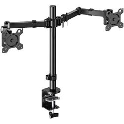 Perlegear Dual Monitor Desk Mount with Height Adjustable Articulating Arms Stand Heavy Duty Clamp and Grommet Base Fits Two 17-32 Inch Flat Curved Screens, Max VESA 100x100mm Holds up to 26 lbs