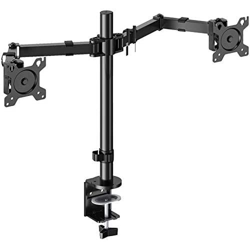 Perlegear Dual Monitor Desk Mount with Height Adjustable Articulating Arms Stand Heavy Duty Clamp and Grommet Base Fits Two 17-32 Inch Flat Curved Screens, Max VESA 100x100mm Holds up to 26 lbs