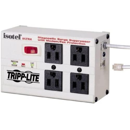 Tripp Lite Isobar 4 Outlet Surge Protector, 6ft. Cord, Right-Angle Plug, Tel/Fax/Modem, Metal, & $50,000 INSURANCE (ISOTEL4 ULTRA)