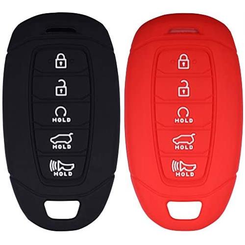 Lcyam Key Fob Cover Silicone Case Remote Holder Compatible with 2019 2020 2021 Hyundai Palisade Keyless Push Start 5 Button (Black Red)