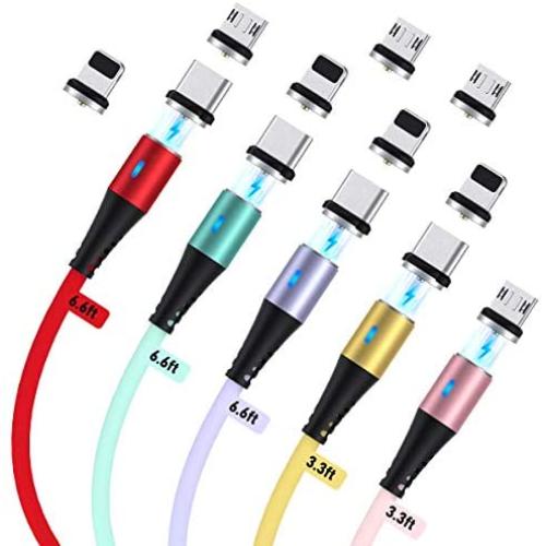 Melonboy Magnetic Charging Cable(5 Pack, 3.3ft/3.3ft/6.6ft/6.6ft/6.6ft), Soft & Tangle-Free Liquid Silicone Cable, 3 in 1 Magnetic Phone Charger Cable Compatible with Type C, Micro USB and iProduct